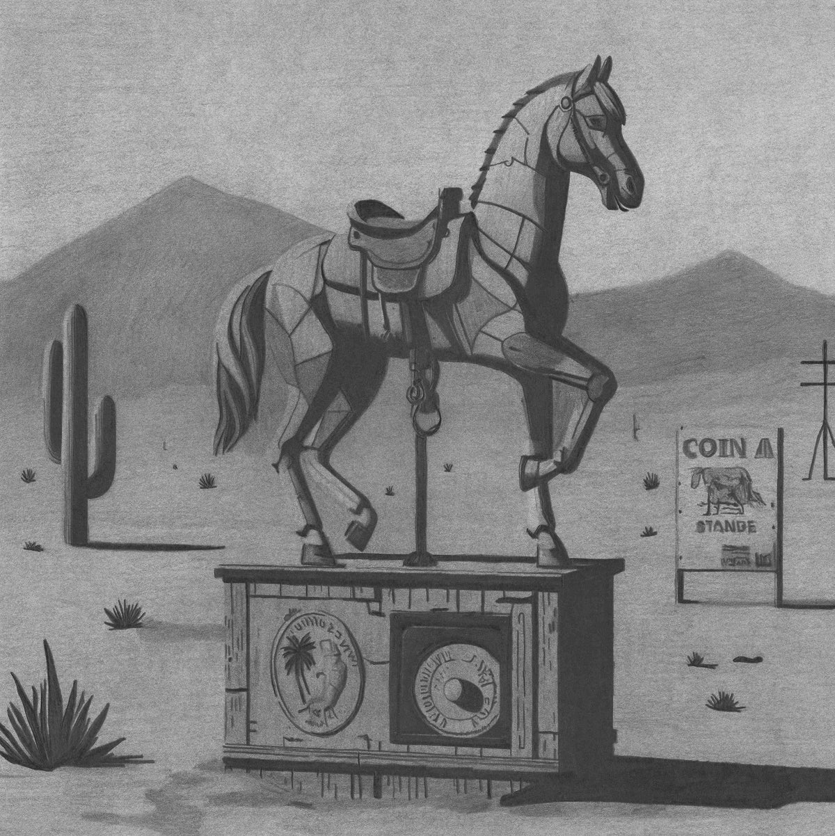 Seth Jennemann Pop Art Drawing - Coin Operated Horse In The Desert Drawing