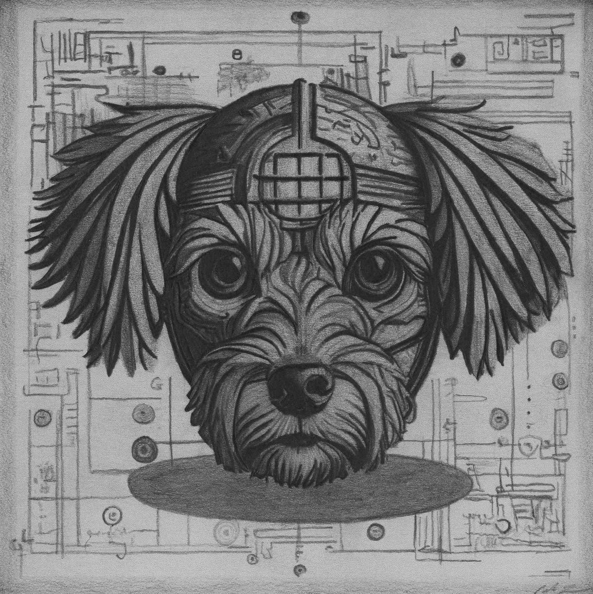 Seth Jennemann Pencil Dog Sketch Drawing - "Mechanical Suki" - Mechanical Maltipoo Dog Drawing