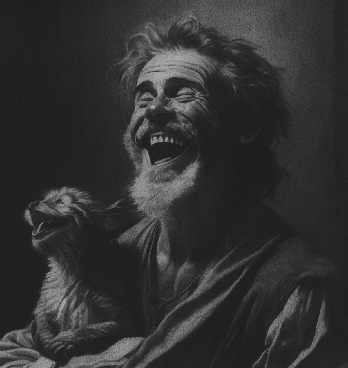 Seth Jennemann Fine Art Portrait Drawing - "Peter And His Monkey Laugh" - Artwork of St Peter Laughing