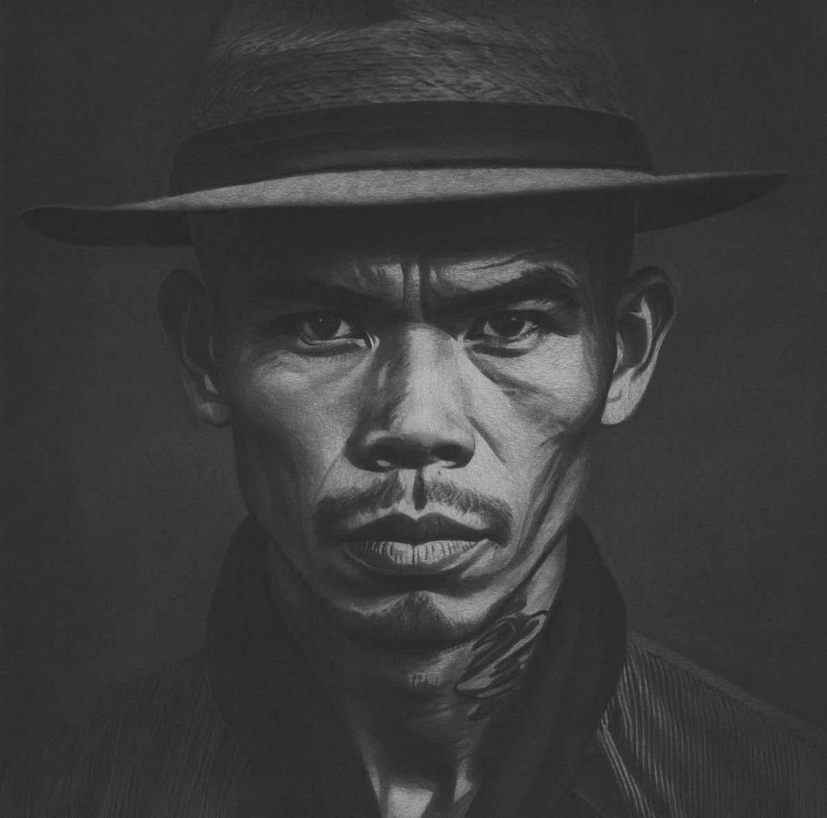 Seth Jennemann Fine Art Portrait Drawing - Vinh - Vietnamese Asian Man with Hat Drawing