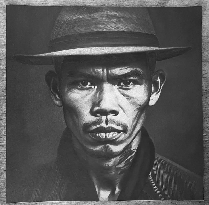 Seth Jennemann Fine Art Portrait Drawing - Vinh - Vietnamese Asian Man with Hat Drawing - Uncropped